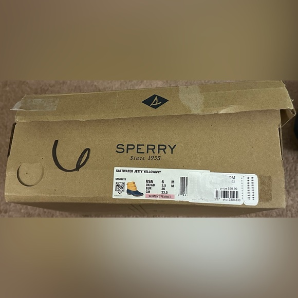 Sperry Saltwater Jetty Waterproof Duck Boots Rain Boots Yellow Navy Velcro Sz 6 - Picture 16 of 16